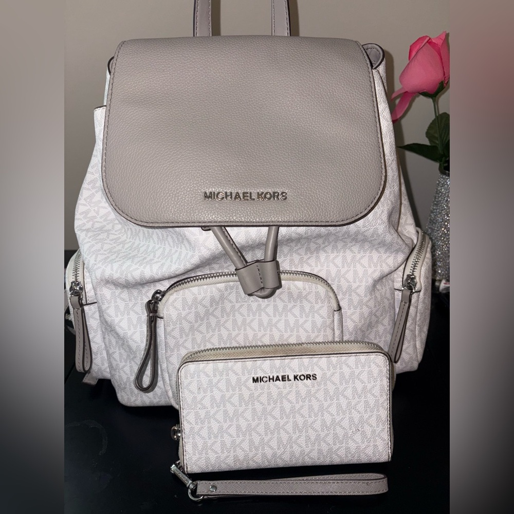 Michael Kors Gray and White Backpack and Wallet Set
